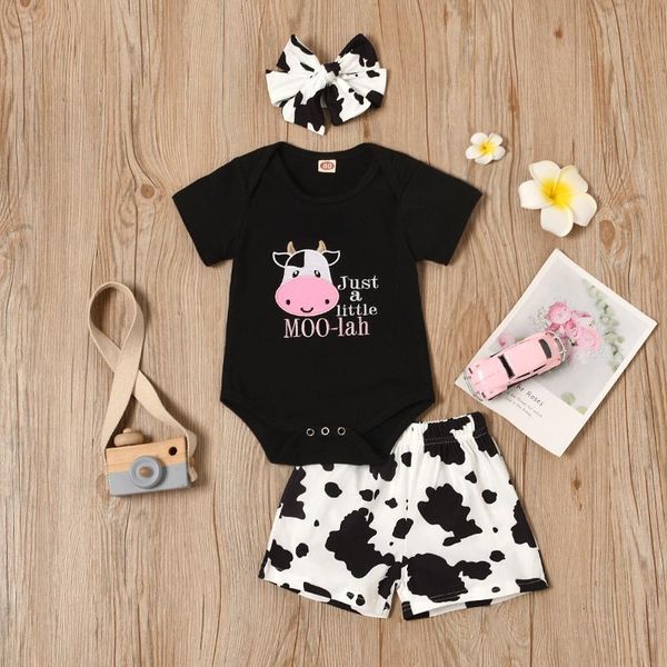 

clothing sets children's suit summer girls bull's head romper graffiti shorts three-piece, White