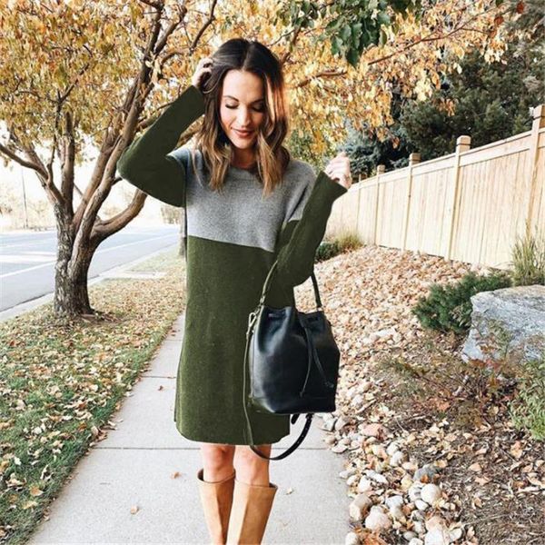 

women sweater dress crew neck long sleeve patchwork loose clothes autumn winter for female ladies mini streetwear casual dresses, Black;gray