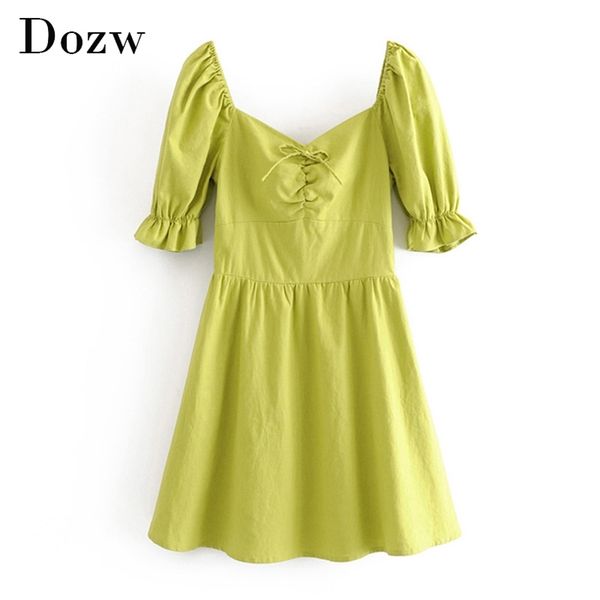 Сладкая линия Летнее Зеленое мини-платье Женщины рюфты с коротким рукавом хлопчатобумажные льняные дамы v шеи сплошные повседневные ES 210515