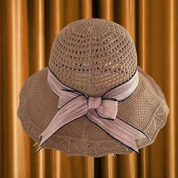 

wide brim hats 2021 fisherman hat female summer bowknot fashion knitted sunshade beach straw womens, Blue;gray