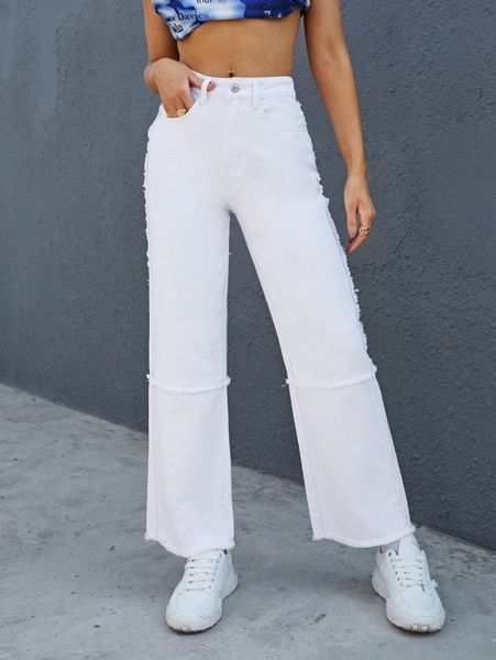 

high waist raw hem wide leg jeans 96ue#, Blue