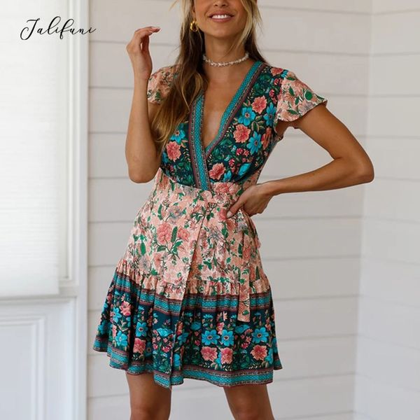 

floral print vintage women dress summer v neck pleated short sleeve mini dress fashion boho beach sundress vestido de mujer 210415, Black;gray