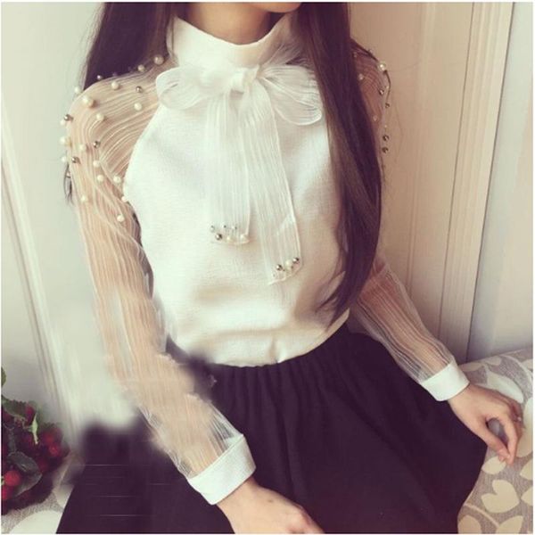 

spring elegant organza bow of pearl white blouse casual chiffon shirt women blouses blusas femininas women's & shirts