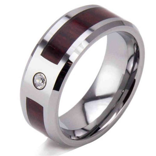

ring tungsten steel fashion silver wood veneer diamond men's