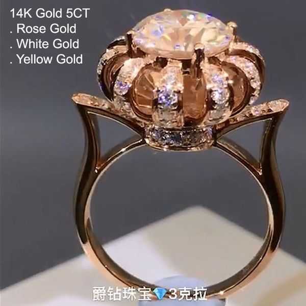 

cluster rings 14k rose gold 5 moissanite diamond ring women round crown rotate luxury trendy wedding party engagement anniversary, Golden;silver