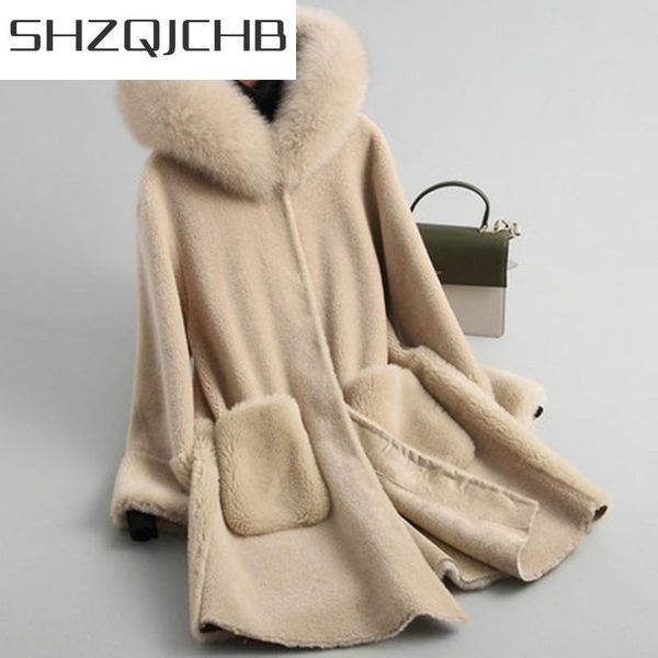 

women's fur & faux shzq winter jacket women natural sheep shearing coat female parka real hooded clothes spring wool clothing lwl1359, Black