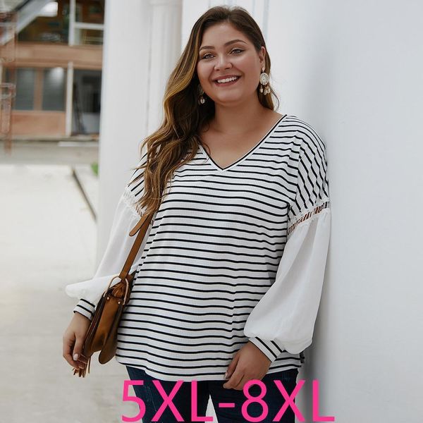 

autumn winter plus size women t shirts long sleeve casual loose stripe v neck large shirt white 4xl 5xl