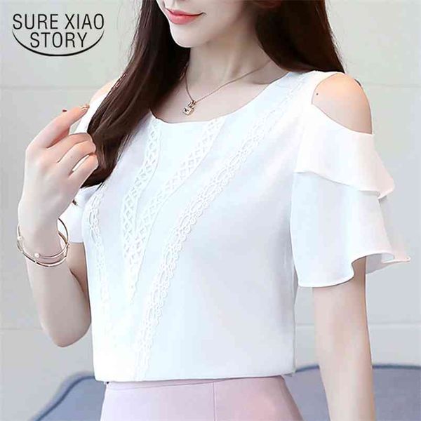 Chiffon-Blusen, Hemden, Schmetterlingsärmel, kurze Rüschen, einfarbig, lässig, süße Damen-Tops 0478 40 210506