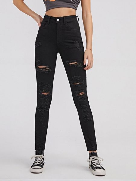 

curvy high waist ripped skinny jeans 78lo#, Blue