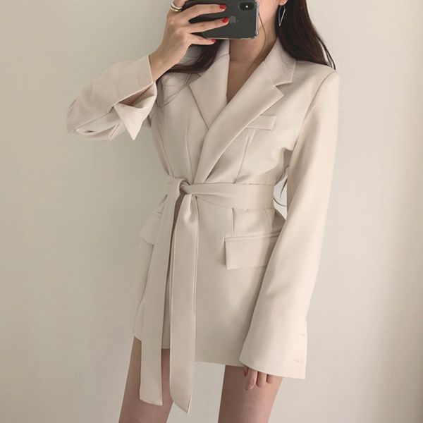 

spring autumn women blazer solid notched collar sleeve female suit office ladies long belt coat jacket outwear 210416, White;black