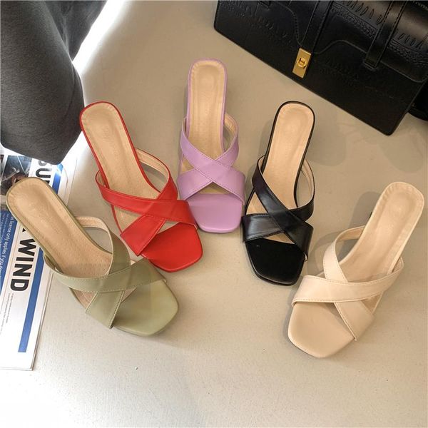 

slippers 2021 summer shoes woman high heels cross-tied band modern slipper candy color slides female zapatos mujer 9163l, Black