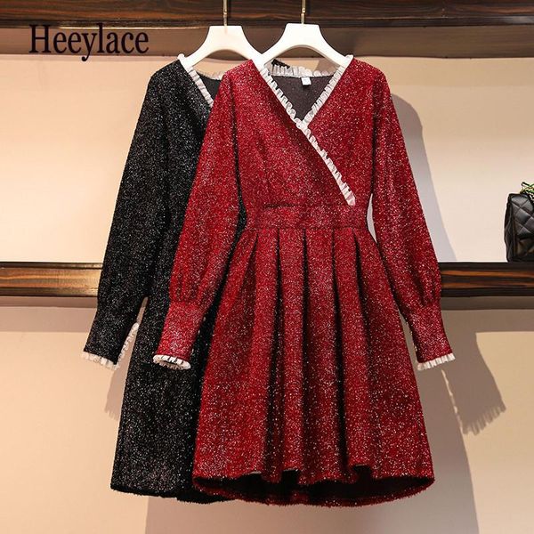 

casual dresses plus size pleated mini dress fashion chic shiny fragrance tweed long sleeve high waist deep v neck 2021 spring, Black;gray