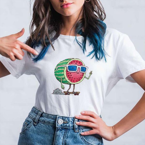 

fruit skateboard printed modern pumpkin women man short sleeve korean style half a large watermelon 90s crewneck, White