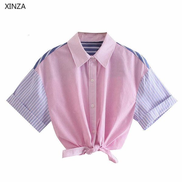 

women's blouses & shirts women summer shirt short sleeve cropped pink chic knot hem striped blouse woman pleat button up patc, White