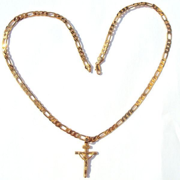 

24k solid yellow gold gf 6mm italian figaro link chain necklace 24" womens mens jesus crucifix cross pendant, Silver