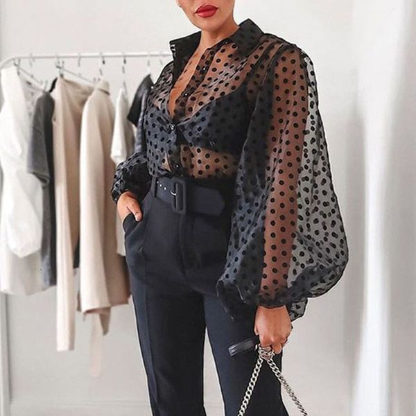 

pants Sexy fancy Msxu see through organza turn down collar lantern polka dot casual female blouse tops, White