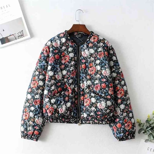 

vintage chic women floral print parkas fashion autumn female bomber jacket zipper stand collar casual outerwear streetwear 210531, Black;brown