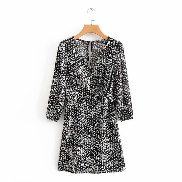 

casual dresses 2021 spring women's v-neck long sleeve french wrap floral lace up thin mini dress, Black;gray