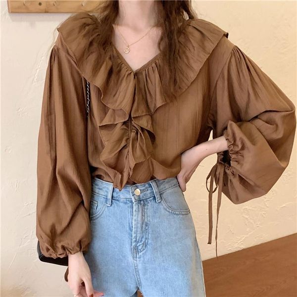 

women's blouses & shirts elegant v-neck edge shirt women 2021 autumn korean chic solid pullover temperament long sleeve woman clo, White