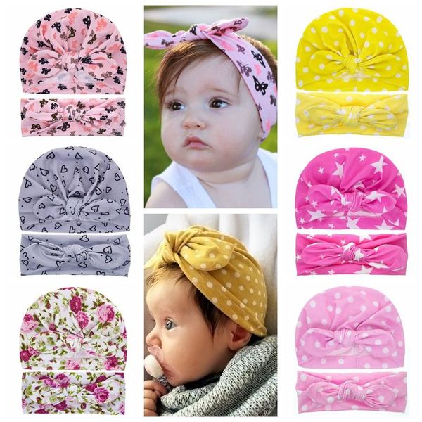 

caps & hats 2 pcs floral dot print baby beanie hat headband set soft elastic bowknot turban kids infant toddler girls headwear 1-3 y, Yellow