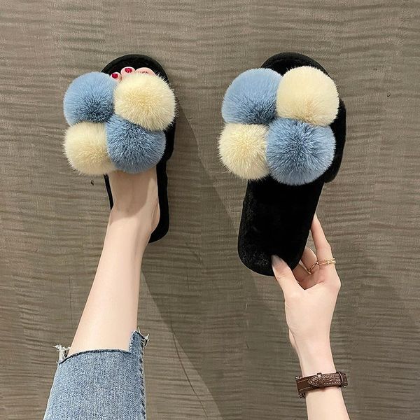 

slippers shoes woman 2021 slipper warm low flock pantofle luxury slides fur flip flops flower winter massage flat designer plush fabr, Black
