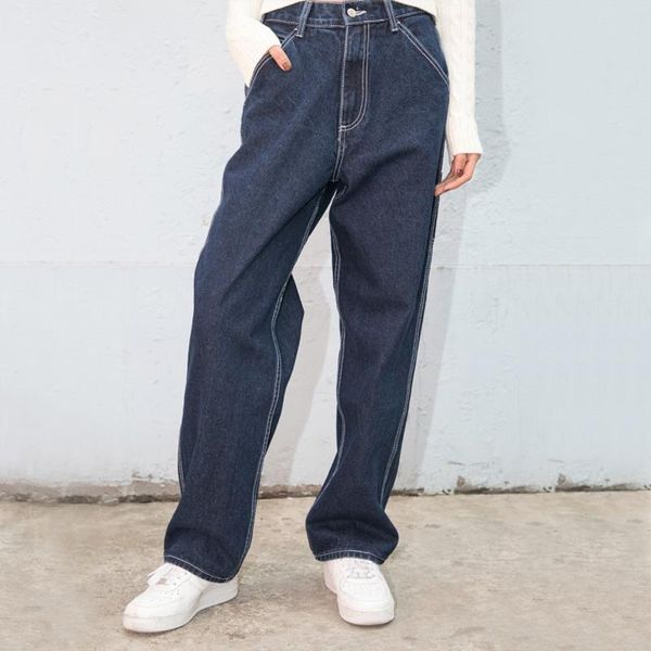 

high rise straight leg dark womens jean wash relaxed fit denim pants, Blue