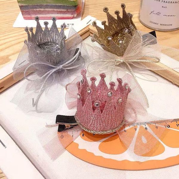 

hair accessories handmade princess crown mesh lace hairpin girls diamond fairy side clip children's, Slivery;white