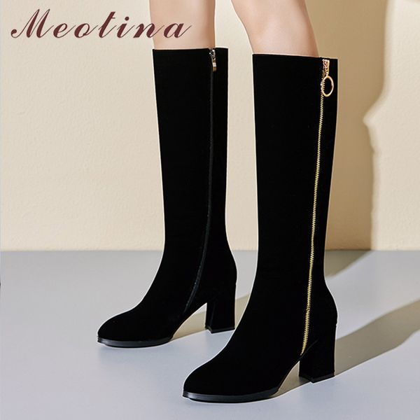 

meotina autumn knee high boots women boots zipper thick high heel long boots round toe shoes lady winter size 34-39 210520, Black
