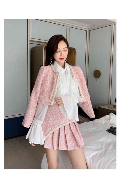 

fashion women tweed 3 piece fall winter pink pearls beaded short coat white chiffon ruffles shirt + min pleated skirt set