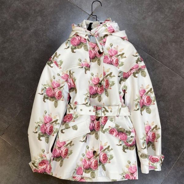 

autumn hooded long-sleeved retro big flower ins wind belt waist french windbreaker jacket 0922 women's trench coats, Tan;black