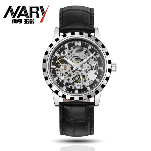 

mechanical watchnary / nari fashion automatic men's waterproof full hollow belt luminous, Slivery;brown
