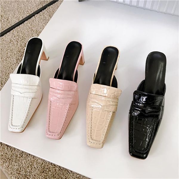 

fashion women sandals slippers shallow slides pumps mules shoes square toe pink woman high heels size 35-39, Black