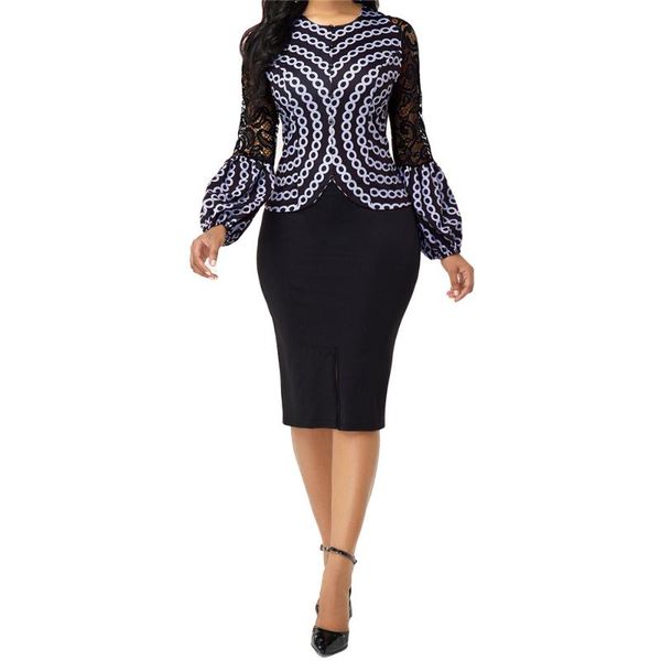 

casual dresses two piece lace stitching and printing dress with hollow sleeve, slim fit buttocks, Black;gray