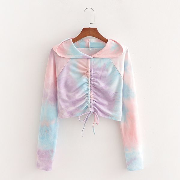 

women's knits & tees women fashion tie dye print colorful cotton short sweatshirts chic lady drawstring pullover hooded, White