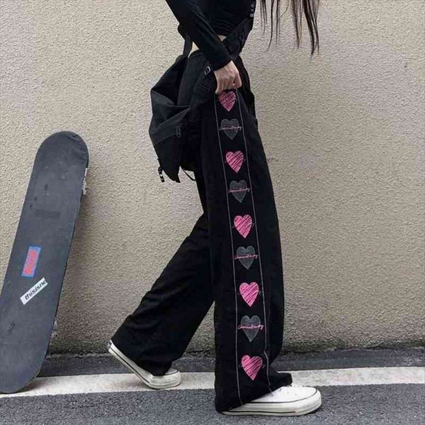 

harajuku black korean heart print plus size pants cute e girl trousers female streetwear summer autumn gothic sweatpants women, Black;white