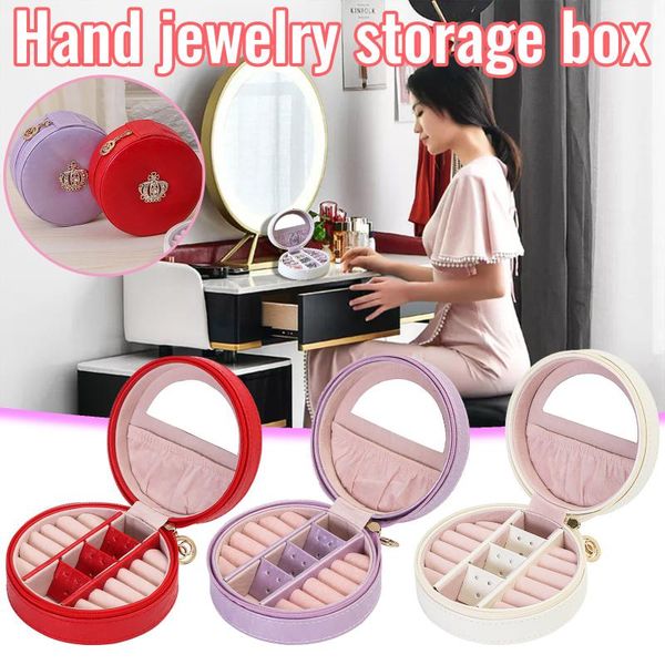 

portable ring earring storage box with mirror leather jewelry makeup organizer organizador de maquillaje boxes & bins