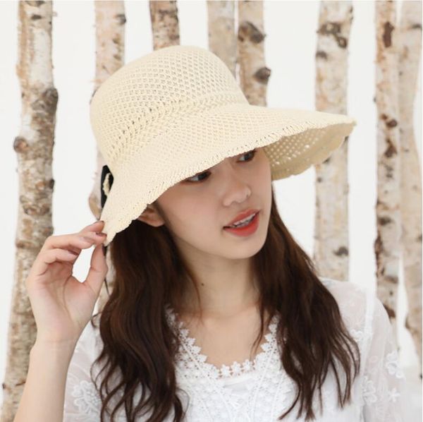 

women's summer outing sunshade bow straw hat gscm068a foldable beach hat knitted empty hat caps wide brim hats, Blue;gray