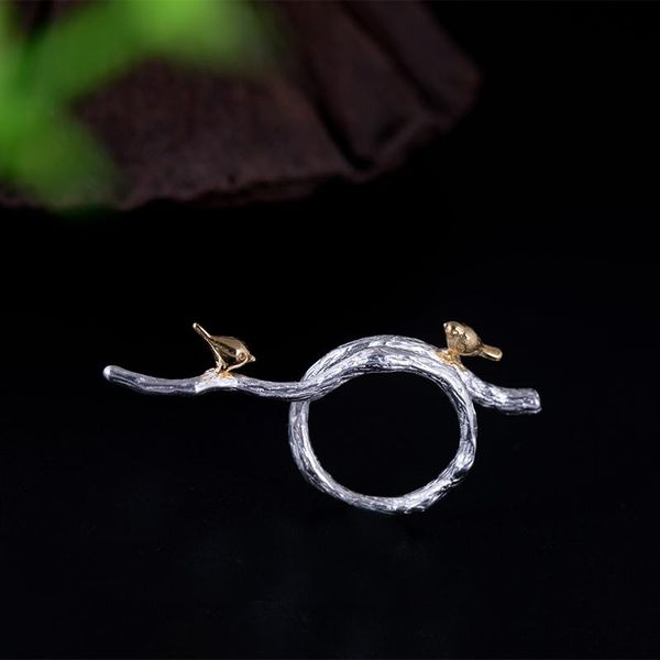 

cluster rings 2021 product real 925 silver personalized design branch ring women's simple bird with adjustable opening, Golden;silver