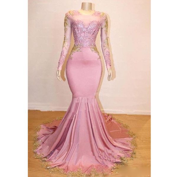 

party dresses pink mermaid prom long sleeves with gold lace applique sweep train formal black girls dress, White;black