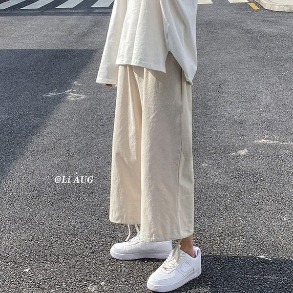 

wide leg pants men's summer japanese straight cotton linen thin lantern loose casual capris for men and women, Black