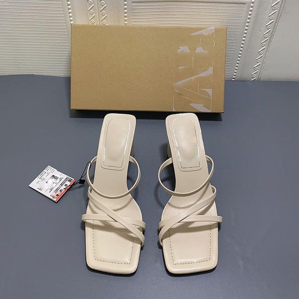 

sandals 2022 summer women's shoes sheep leather square head high heel cross-strap, Black