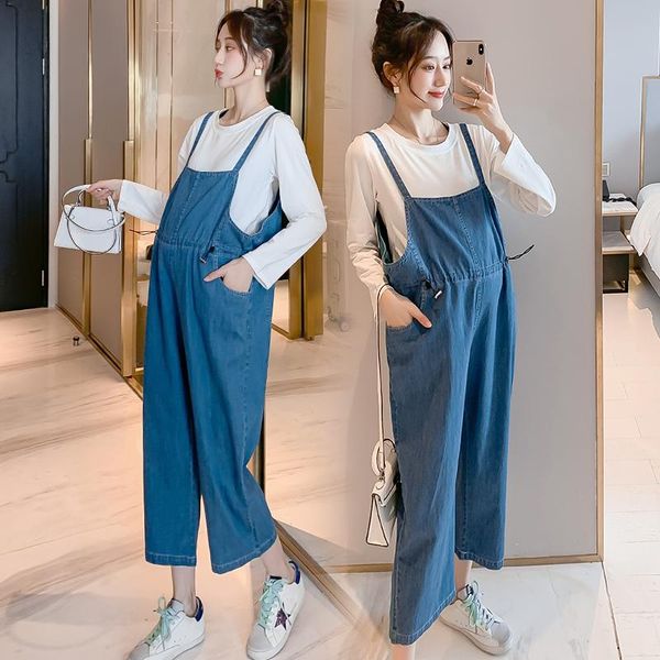 

maternity bottoms 2021 spring summer denim bib jeans adjustable wide leg loose overalls pants clothes for pregnant women jumpsuits, White