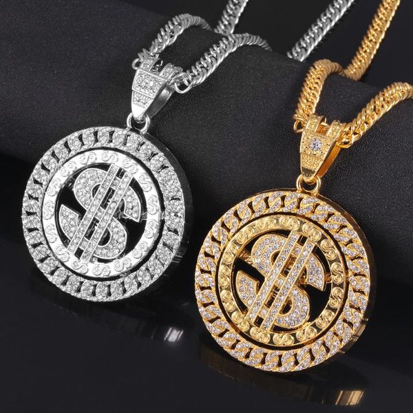 

pendant necklaces hip hop rotatable us dollar necklace men gold sliver color out crystal sign rock bling rapper jewerly, Silver
