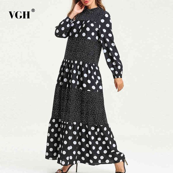 

vgh elegant print dot dress for women o neck long sleeve high waist spring dresses female fashionable new clothing style 210421, Black;gray