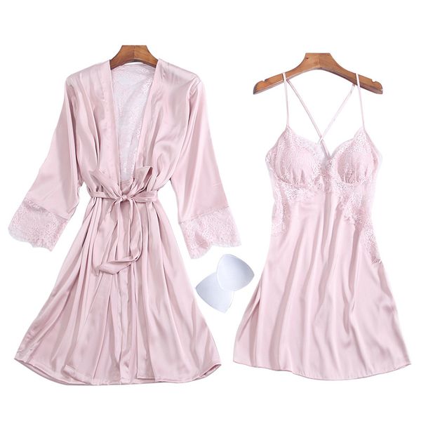 

spring new lace women robe set with chest pad nightdress cardigan set sleepwear, Black;red