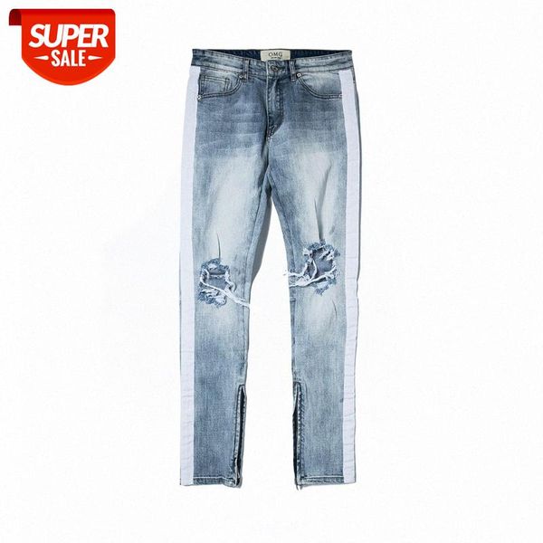 

fog kanye same side striped bf ripped zipper trousers slim pants jeans #7c5n, Blue