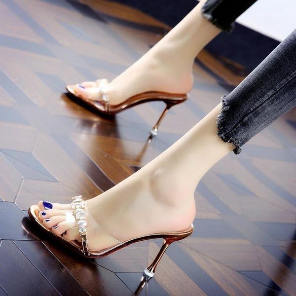 

sandals slippers women's diamond transparent half wear 2021 summer thin heel versatile high heels a059, Black