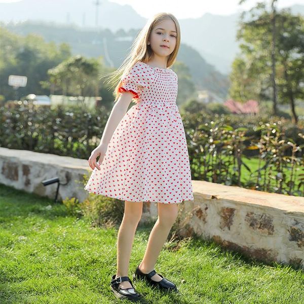 

summer casual dresses for girls fashion print loose hem knee length gowns children outdoor beach walk dress kids clothing 3 -14y girl's, Red;yellow