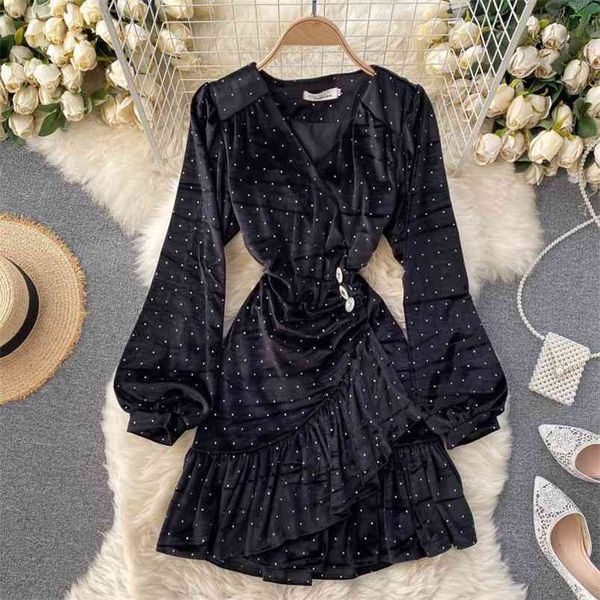 

autumn irregular dress v-neck puff sleeves ruffled annual party velvet vestido feminino ladies uk585 210506, Black;gray