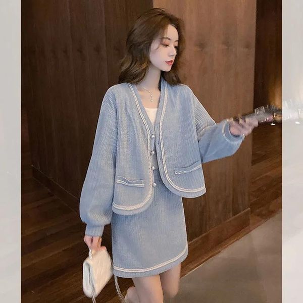 

two piece dress lolibook 2021 women autumn elegant blue skirts suit female single breasted jackets 2pc set office lady fashion clothes, White